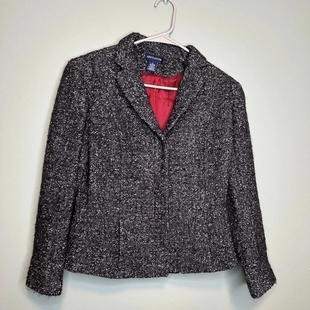 Ann Taylor Black Tweed Blazer with Red Lining - Picture 2 of 8